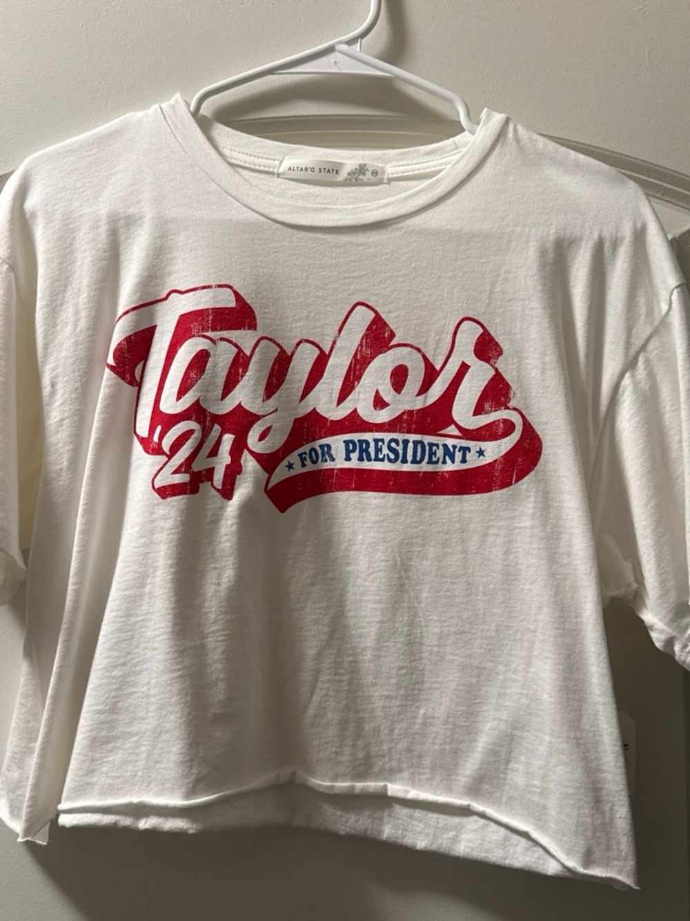 Altar'd State White Crop Tee with Red and Blue 'Taylor 24' Graphic